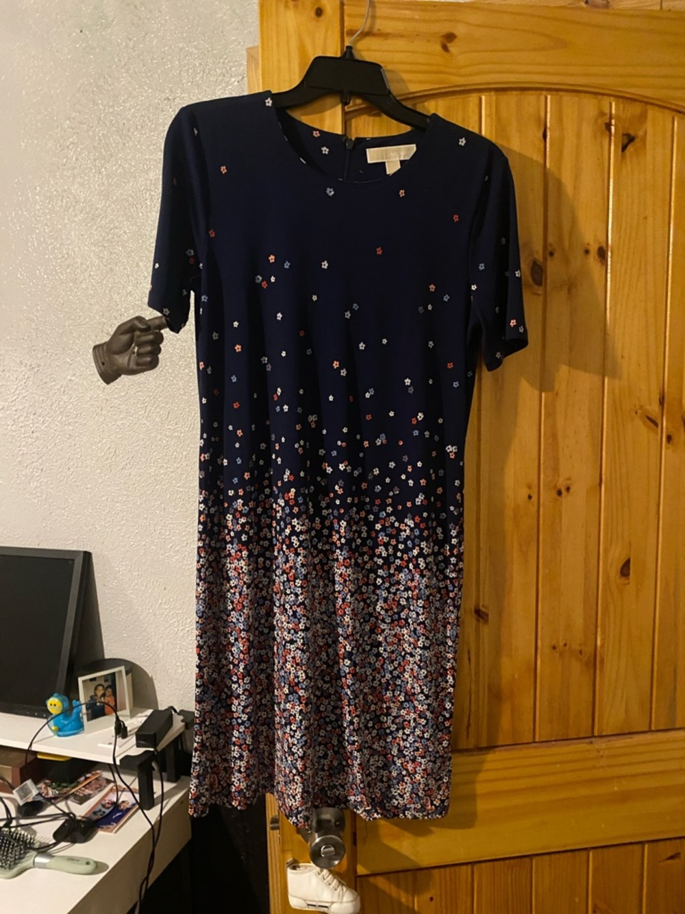 Michael Kors Navy Floral Gradient Midi Dress with Pink & White Accents